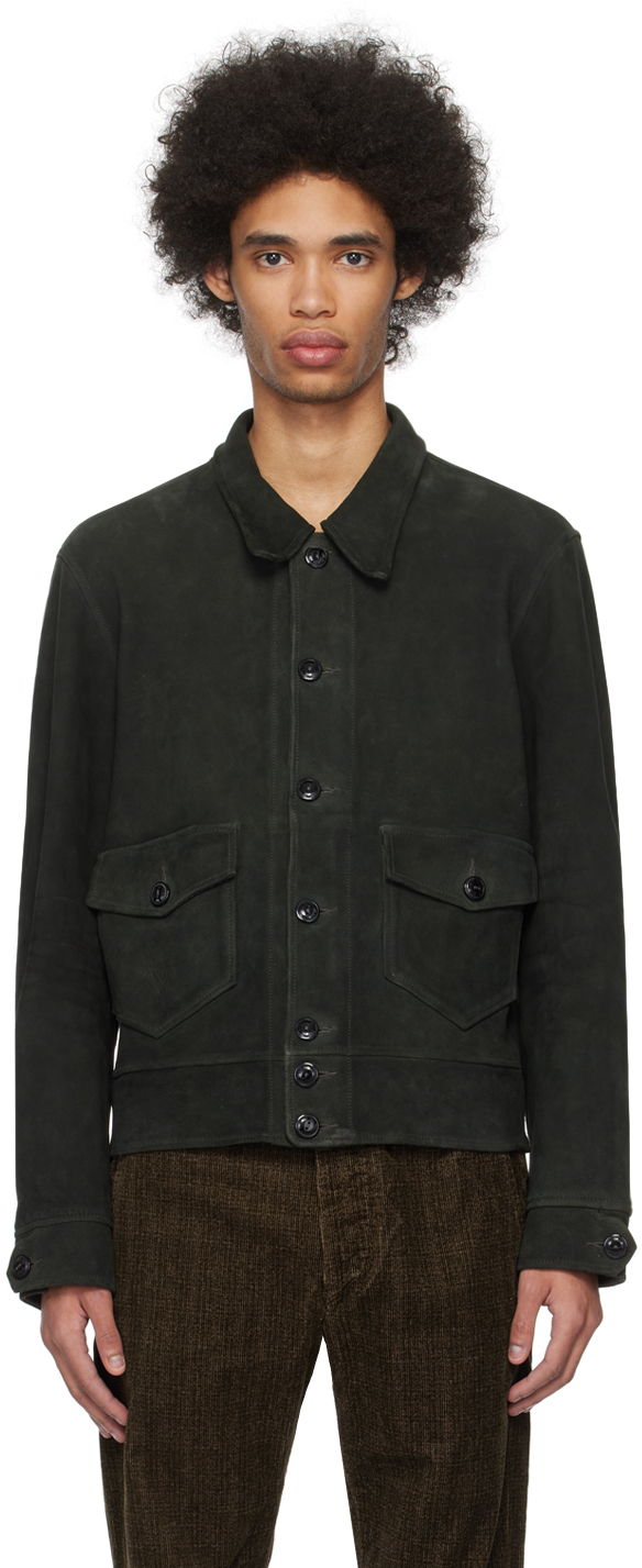 RRL: Black Spread Collar Suede Jacket | SSENSE