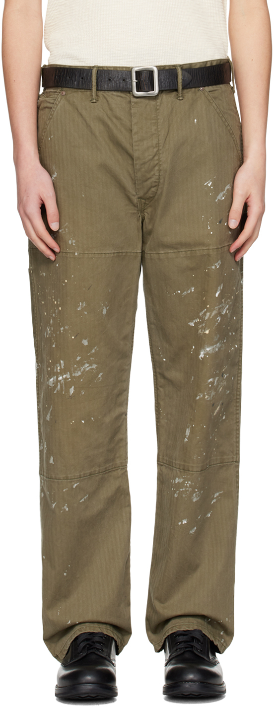 Rrl Straight-leg Paint-splattered Herringbone Cotton-twill Trousers In Olive