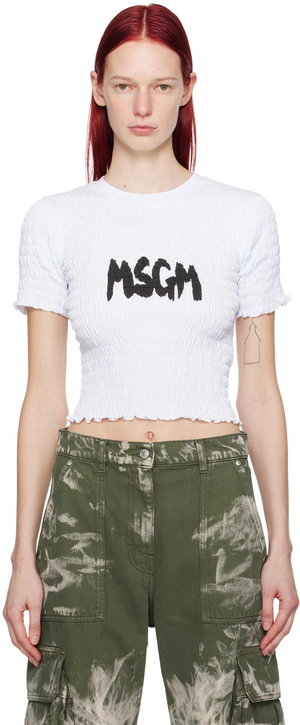 Shop Msgm White Shirred T-shirt In 01 Optical White