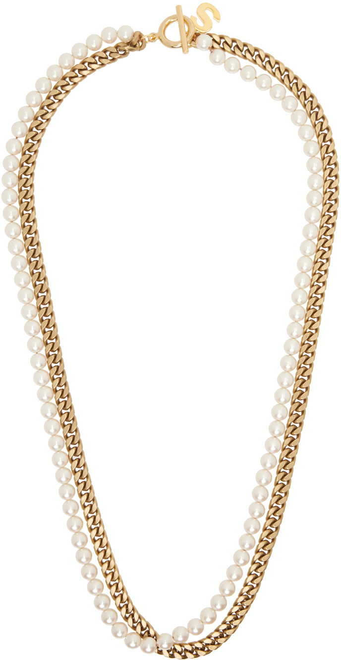 sacai Gold & White Pearl Chain Long Necklace