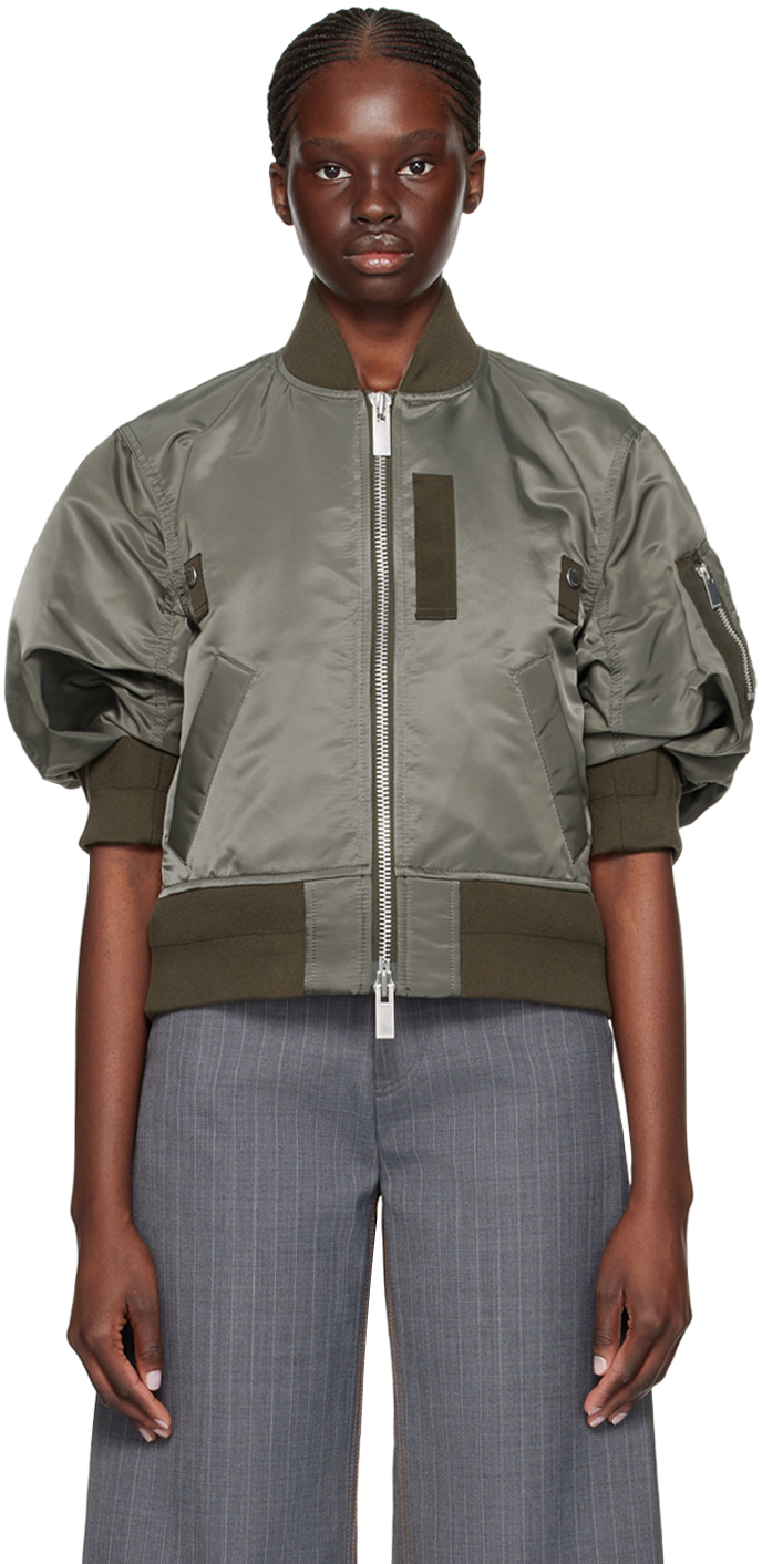 Shop Sacai Taupe Puff Sleeve Bomber Jacket In 550 Taupe