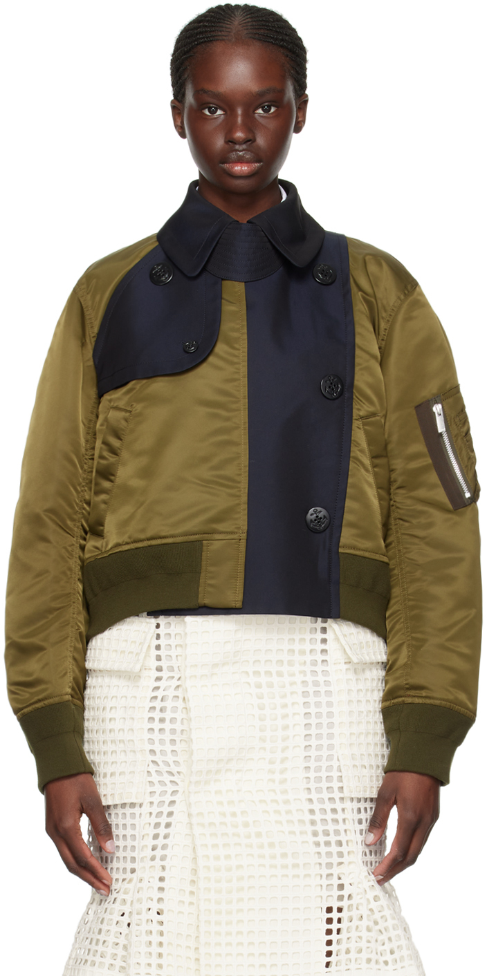 Shop Sacai Green & Navy Mock Double-breasted Bomber Jacket In 247 Navyã—olive