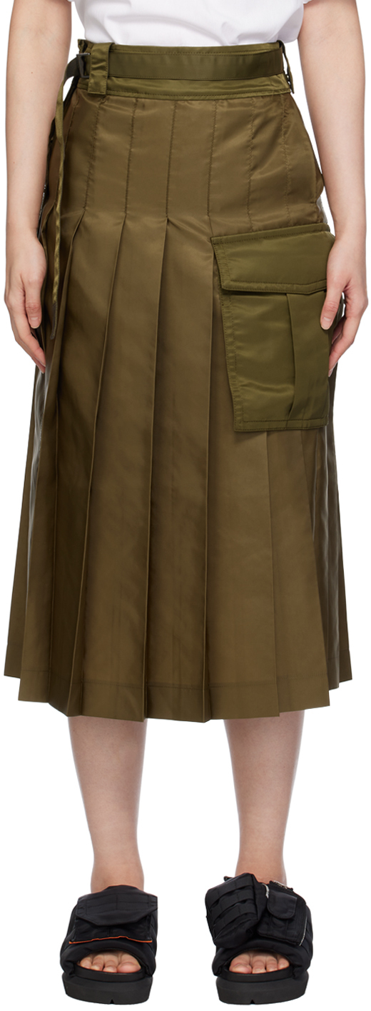 Khaki Pleated Midi Skirt