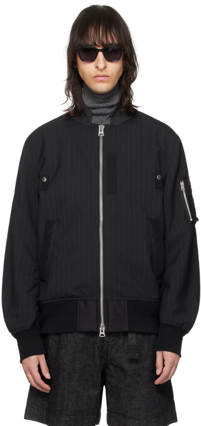 Sacai Navy Striped Bomber Jacket In Blue