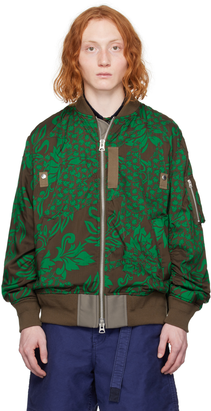 Sacai Brown & Green Floral Bomber Jacket In 551 Green