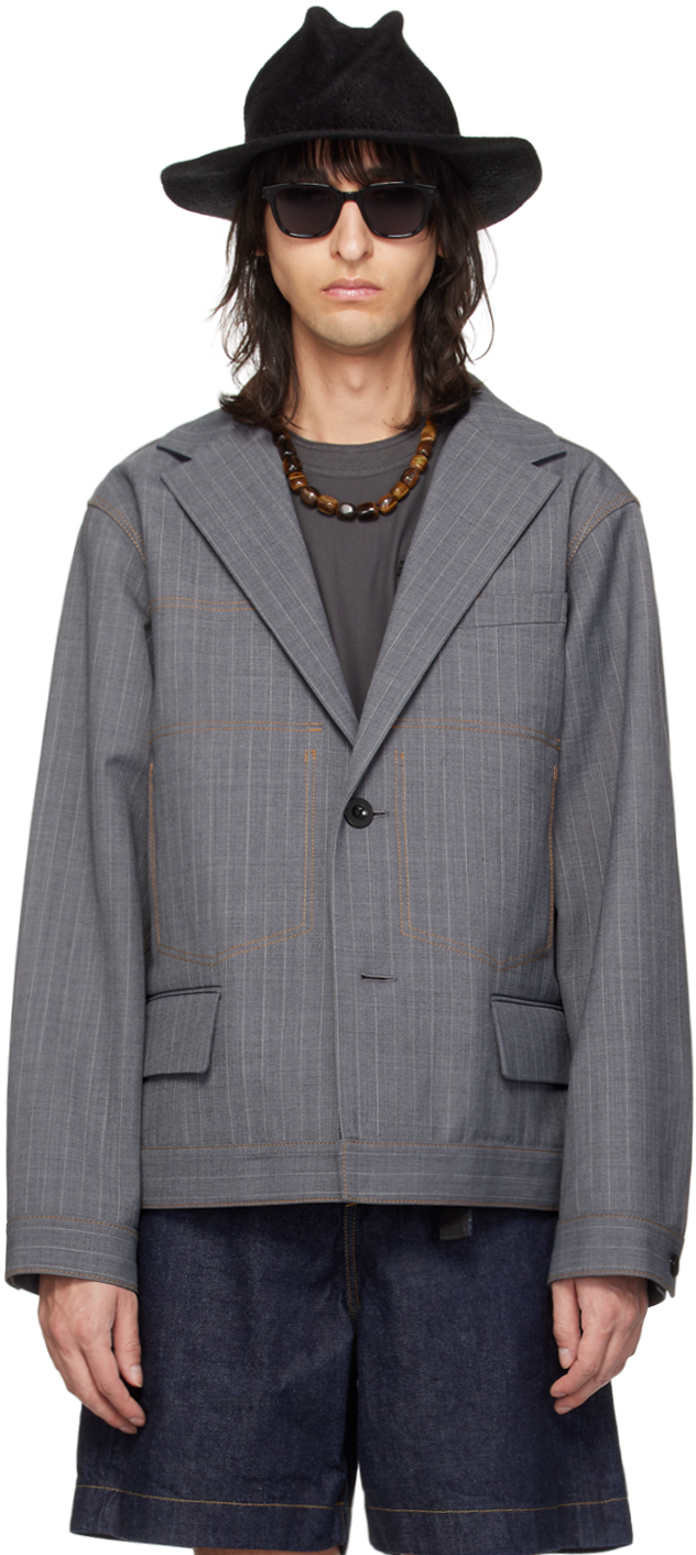 Sacai Gray Striped Reversible Jacket In 301 Gray