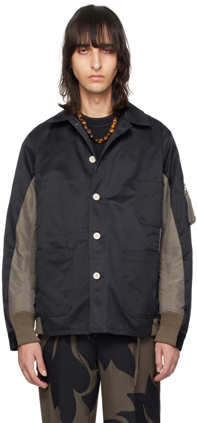 Sacai Zip-pocket Contrast-panel Regular-fit Cotton Jacket In Navy Taupe