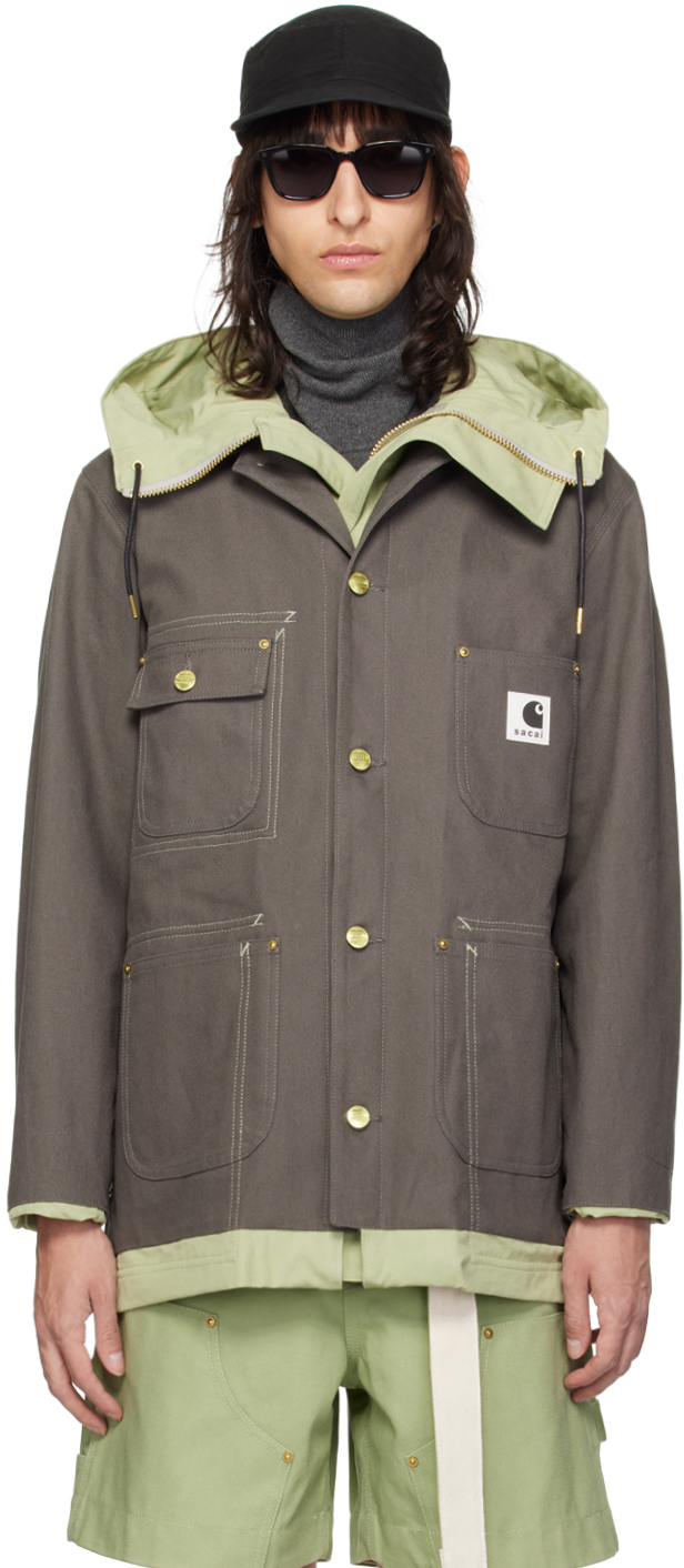 Shop Sacai Gray Carhartt Wip Edition Reversible Jacket In 340 Grayxl/green