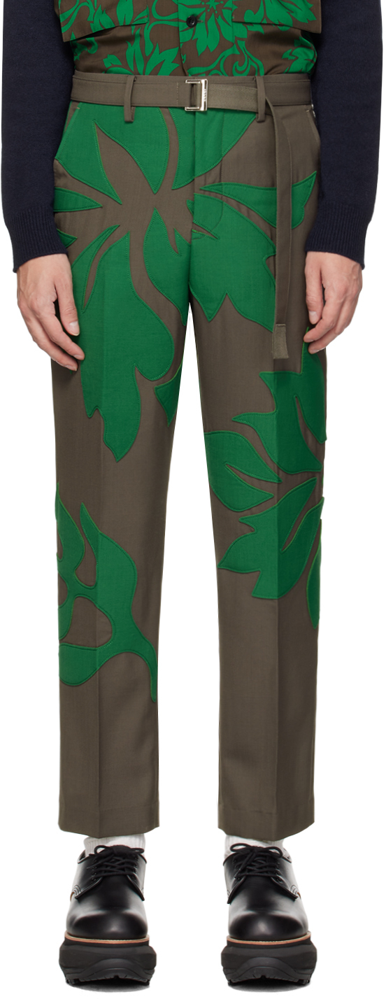 Shop Sacai Taupe & Green Floral Appliqué Trousers In 545 Taupexgreen