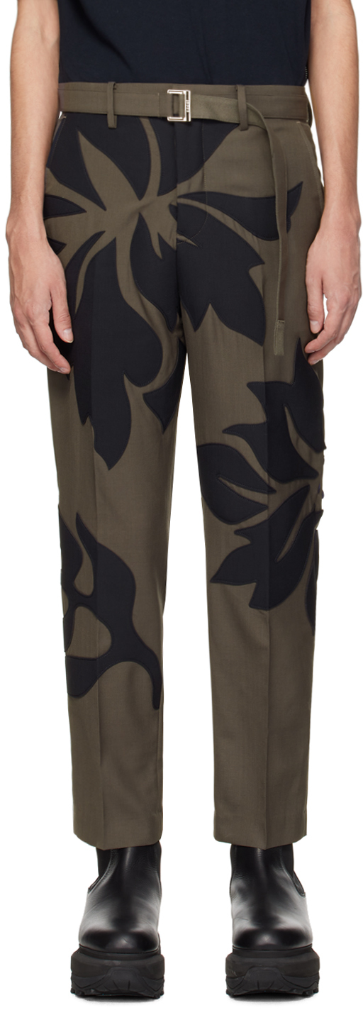 Sacai Taupe & Navy Floral Appliqué Trousers In 544 Taupexnavy