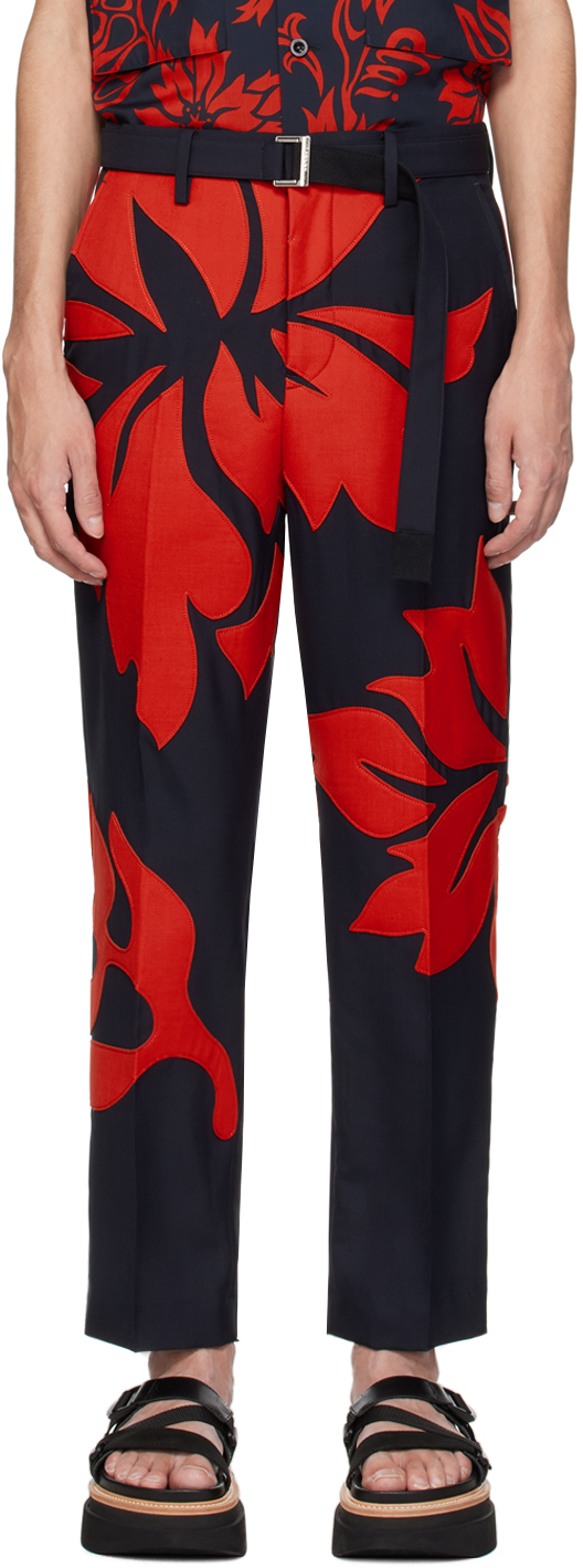 Navy & Red Floral Appliqué Trousers