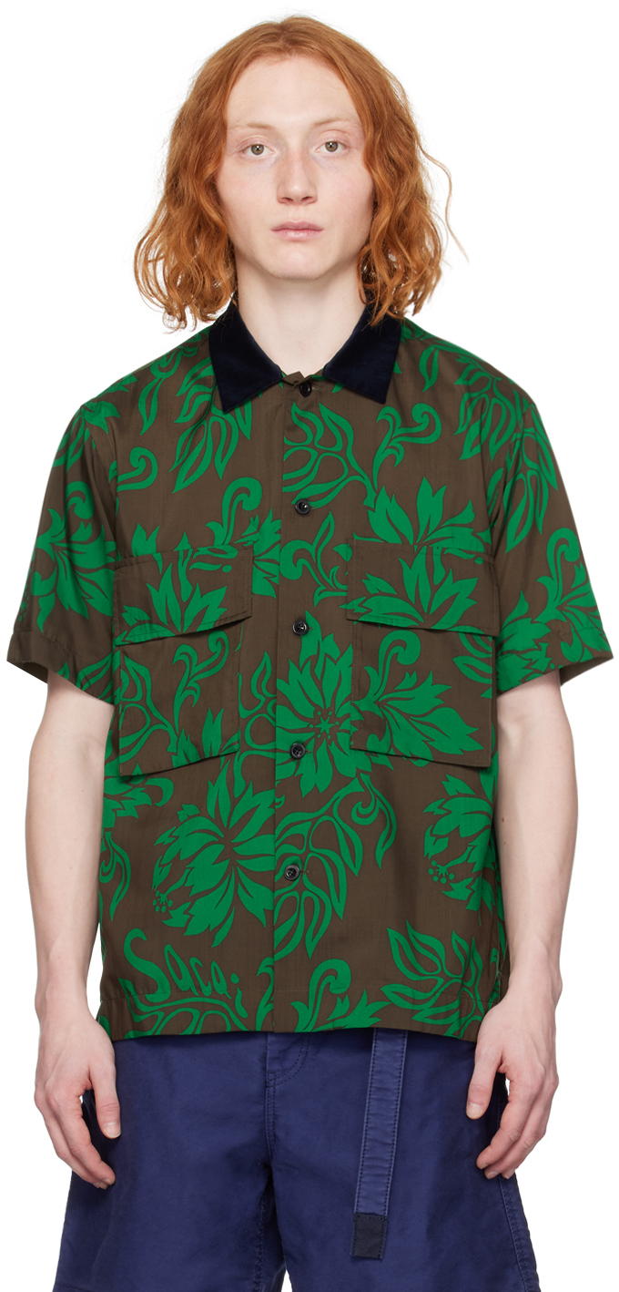Sacai Floral-print Contrasting-collar Shirt In 551 Green