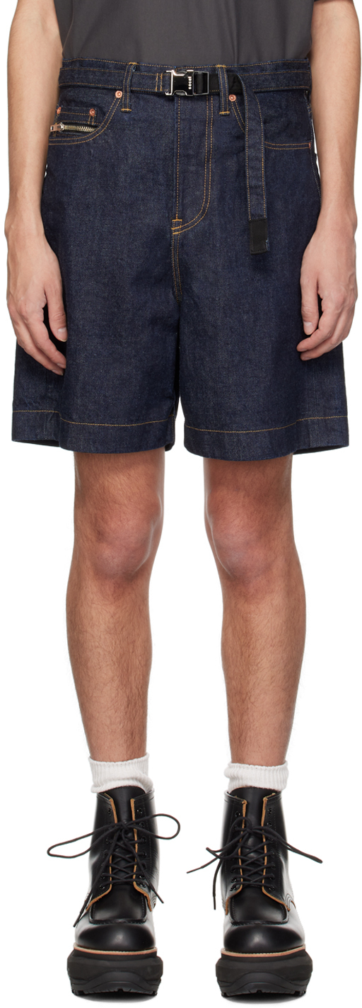 Shop Sacai Indigo Belted Denim Shorts In 499 Indigo