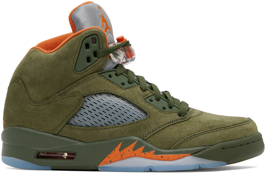 Shop Nike Green Air Jordan 5 Sneakers In Army Olive/solar Ora