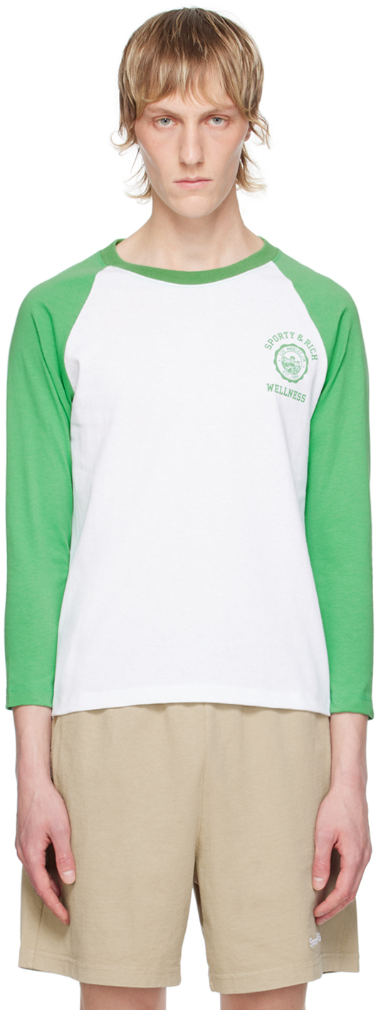 Shop Sporty And Rich White & Green Emblem Baseball Long Sleeve T-shirt