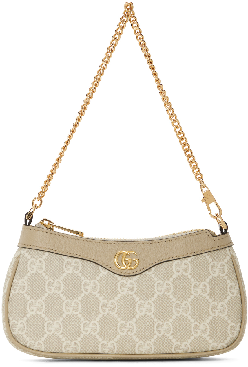 Ophidia GG small shoulder bag in beige and white canvas