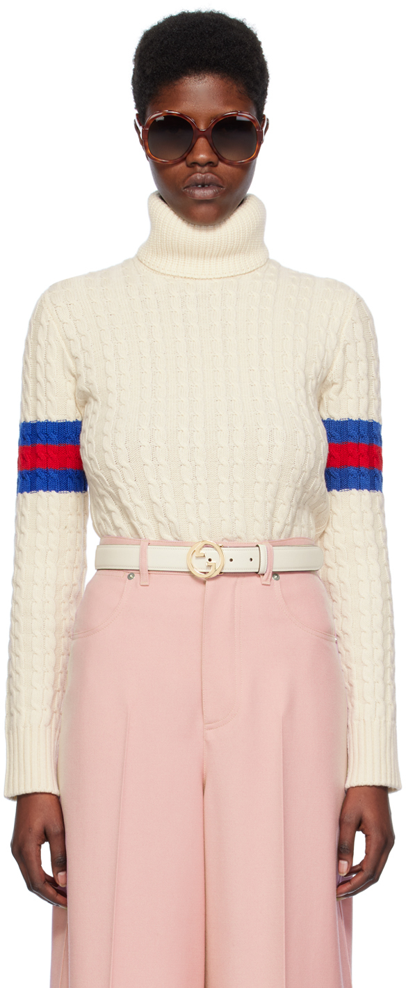 Shop Gucci Off-white Cable Knit Turtleneck In 9189 Ivory/blue/red