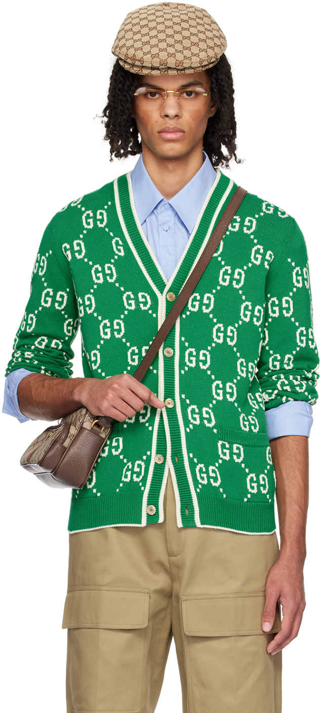Shop Gucci Green Intarsia Cardigan In 3861 Green/ivory