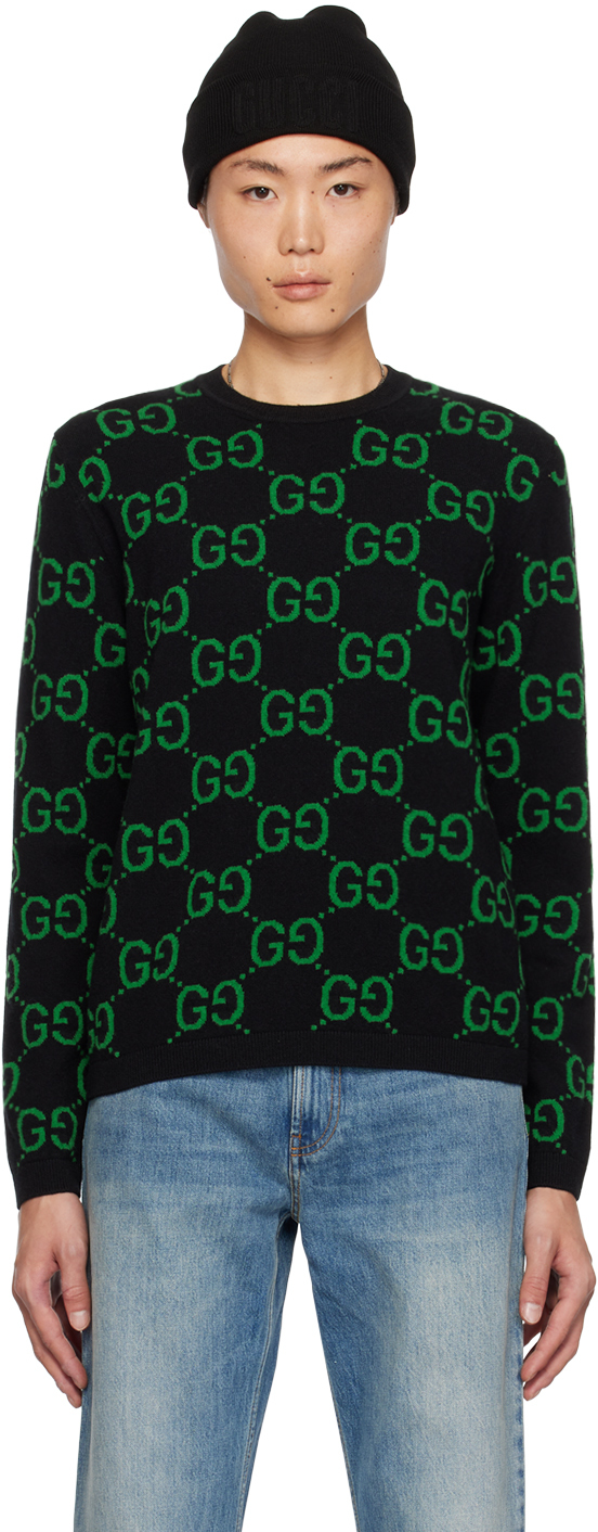 Shop Gucci Black & Green Gg Sweater In 1064 Black/yard