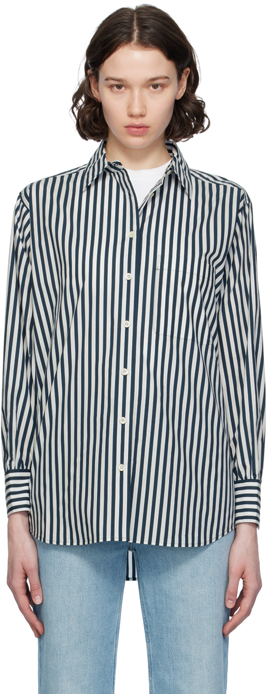 Shop Frame Navy & White 'the Borrowed Pocket' Shirt In Navy Multi