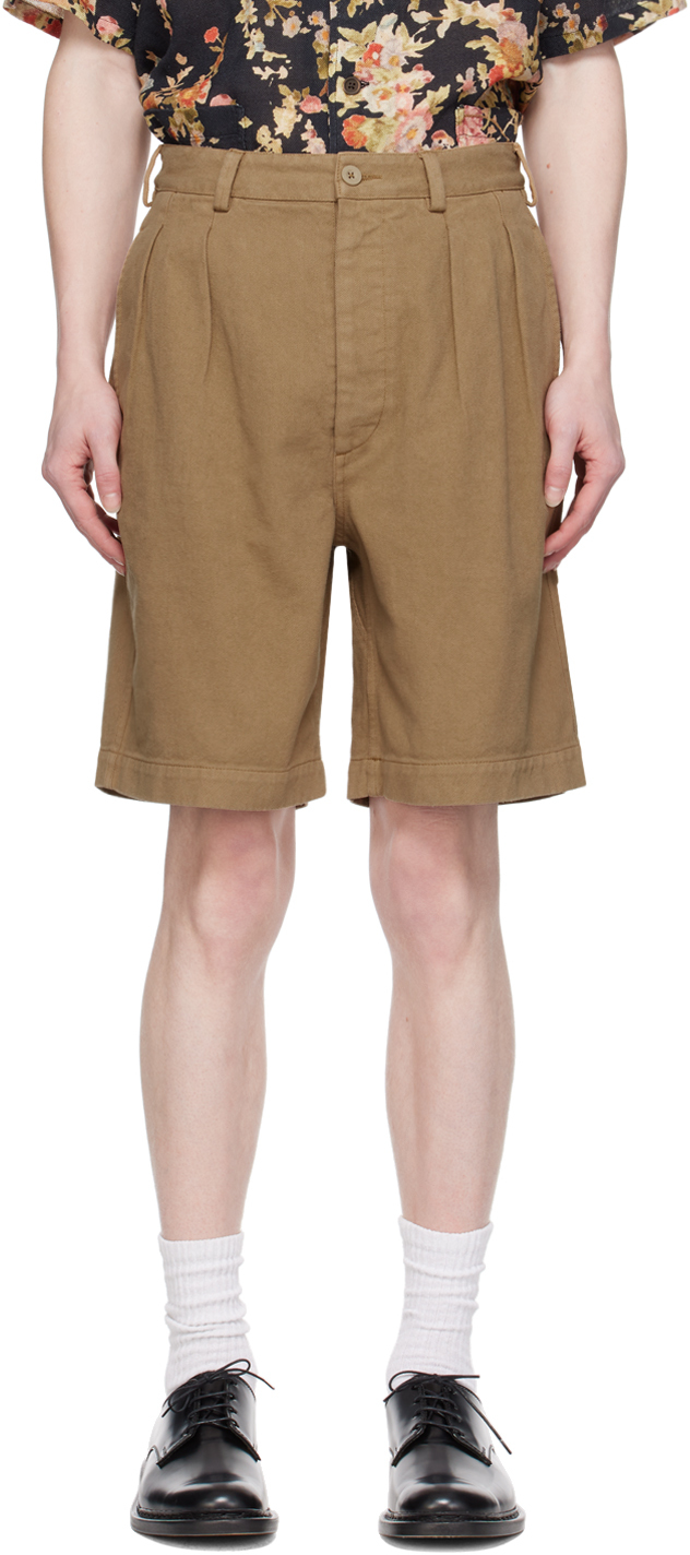 Khaki Pleated Denim Shorts