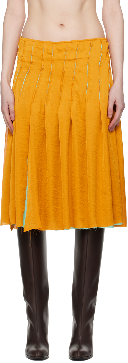 Shop Edward Cuming Orange & Green Pleat Around Midi Skirt In Curry/ Aqua Green