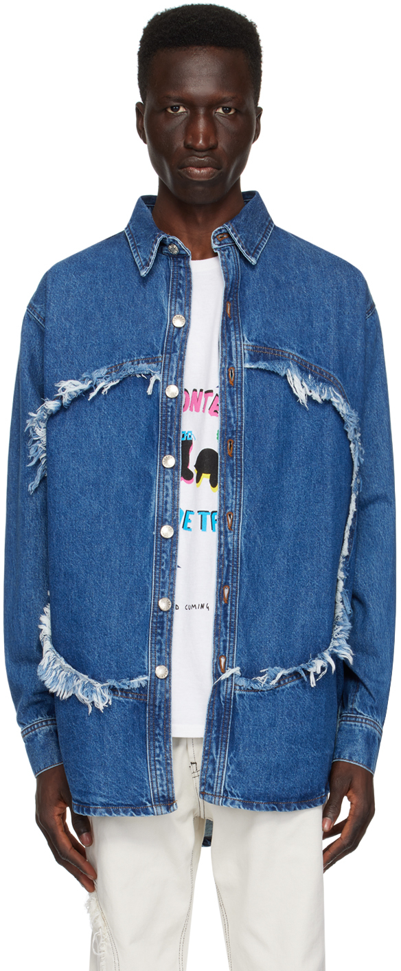 Blue Frayed Denim Shirt By Edward Cuming On Sale