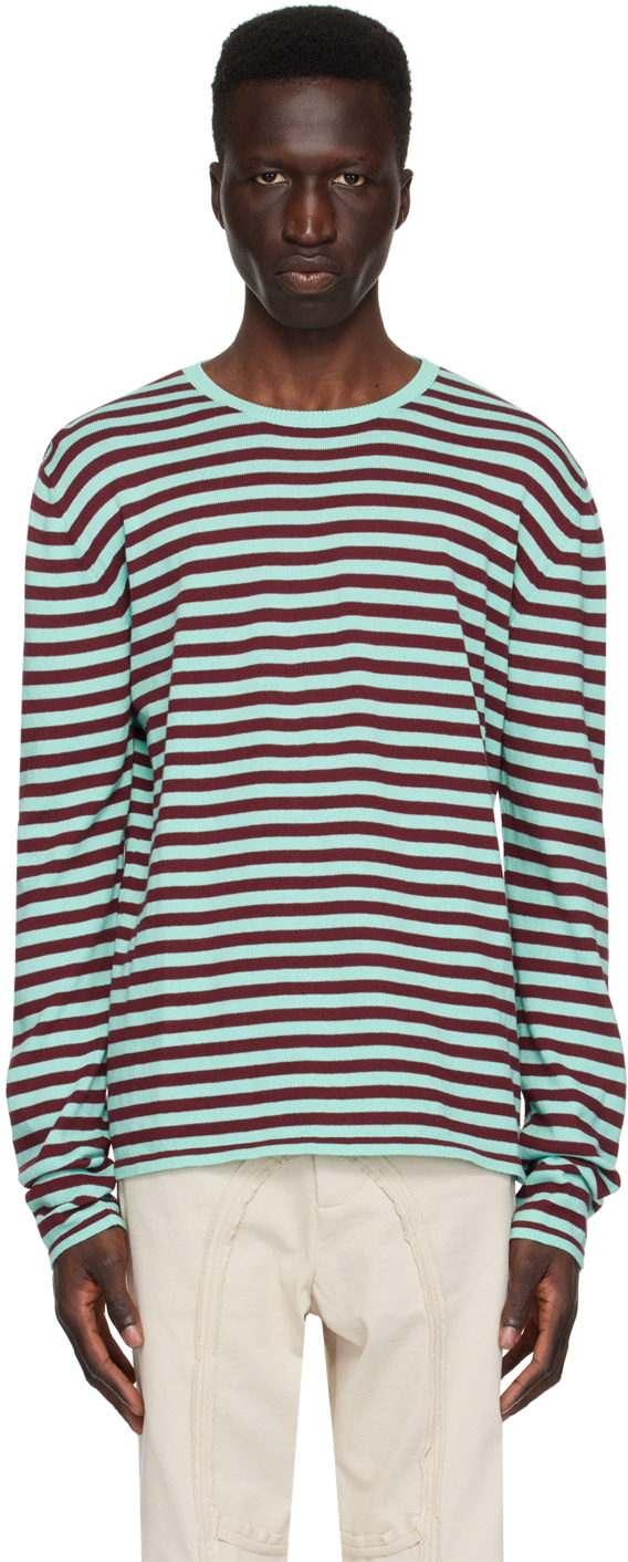 Shop Edward Cuming Green & Burgundy Stripe Sweater In Aqua Green-burgandy