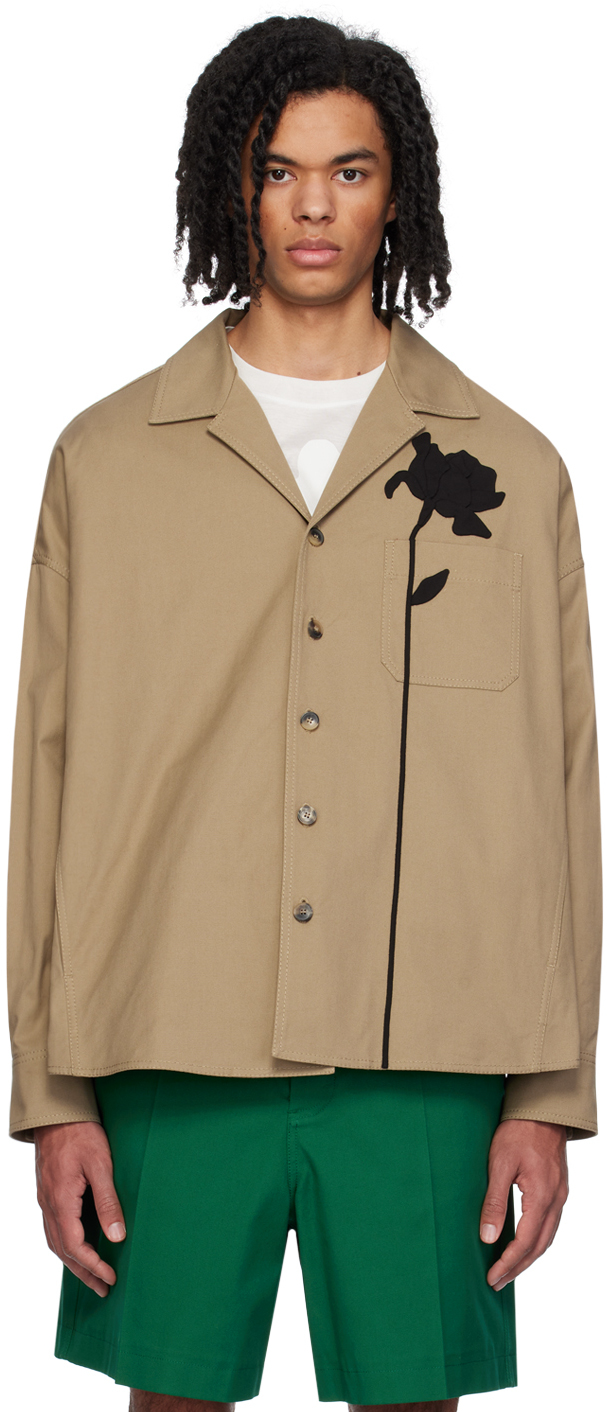Valentino Stretch Cotton Canvas Shirt Jacket With Flower Embroidery In ベージュ