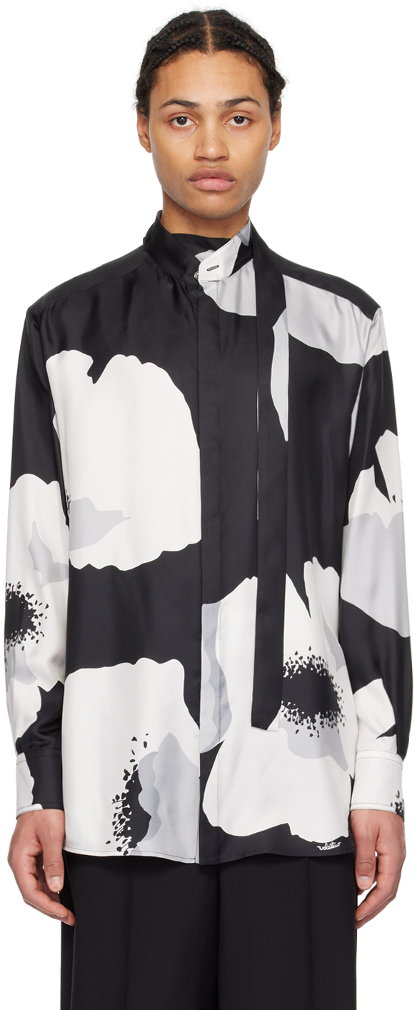 Shop Valentino Black Floral Shirt In Nero/grigio/avorio