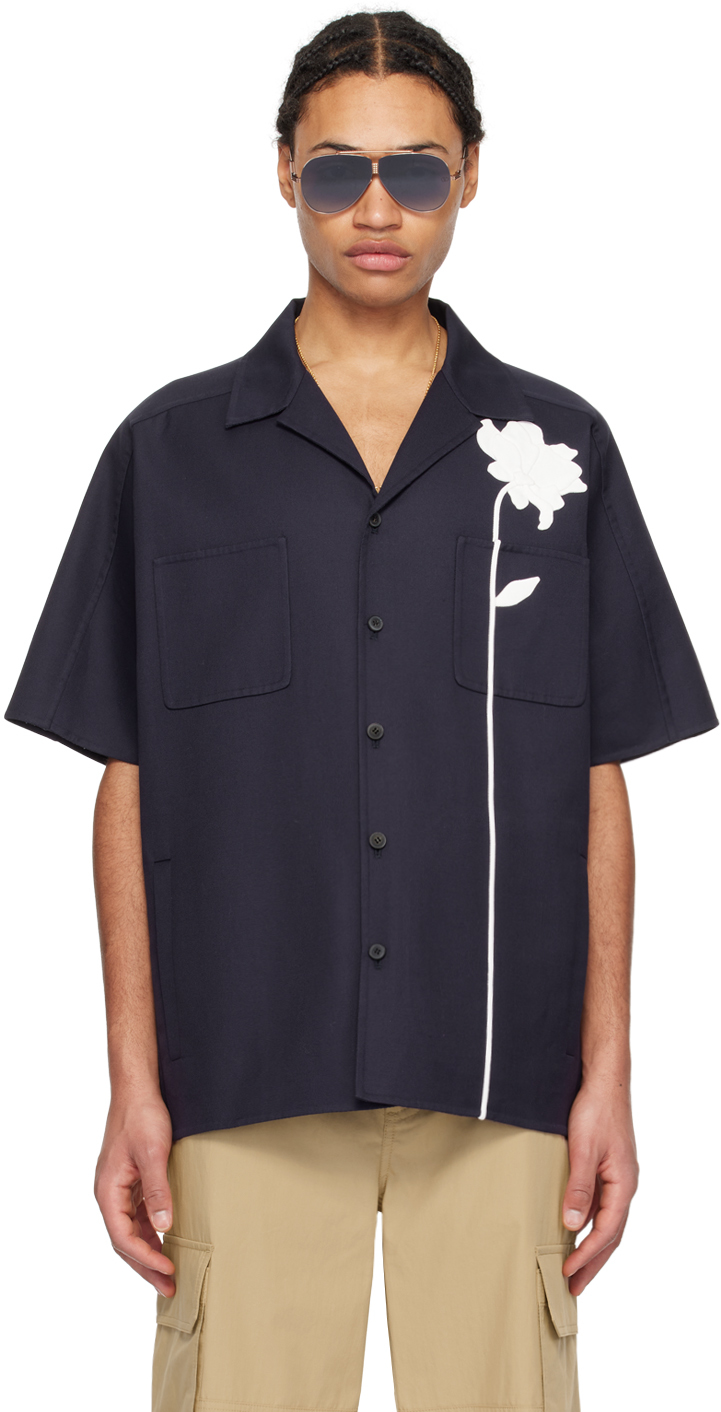 Shop Valentino Navy Floral Appliqué Shirt In Blu Scuro