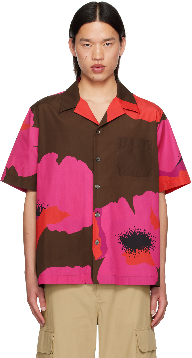 Shop Valentino Brown & Pink Flower Portrait Print Shirt In Tabacco/pink Pp