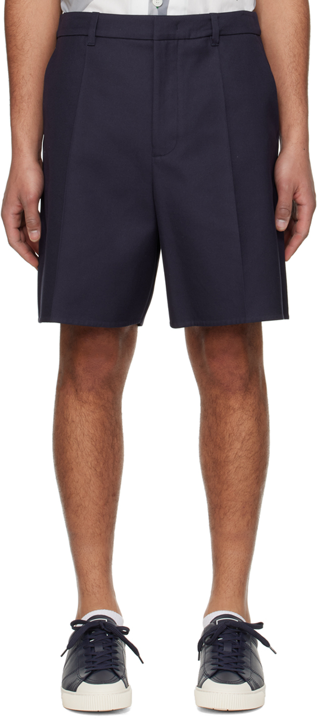 Shop Valentino Navy Pleated Shorts In Blu Scuro