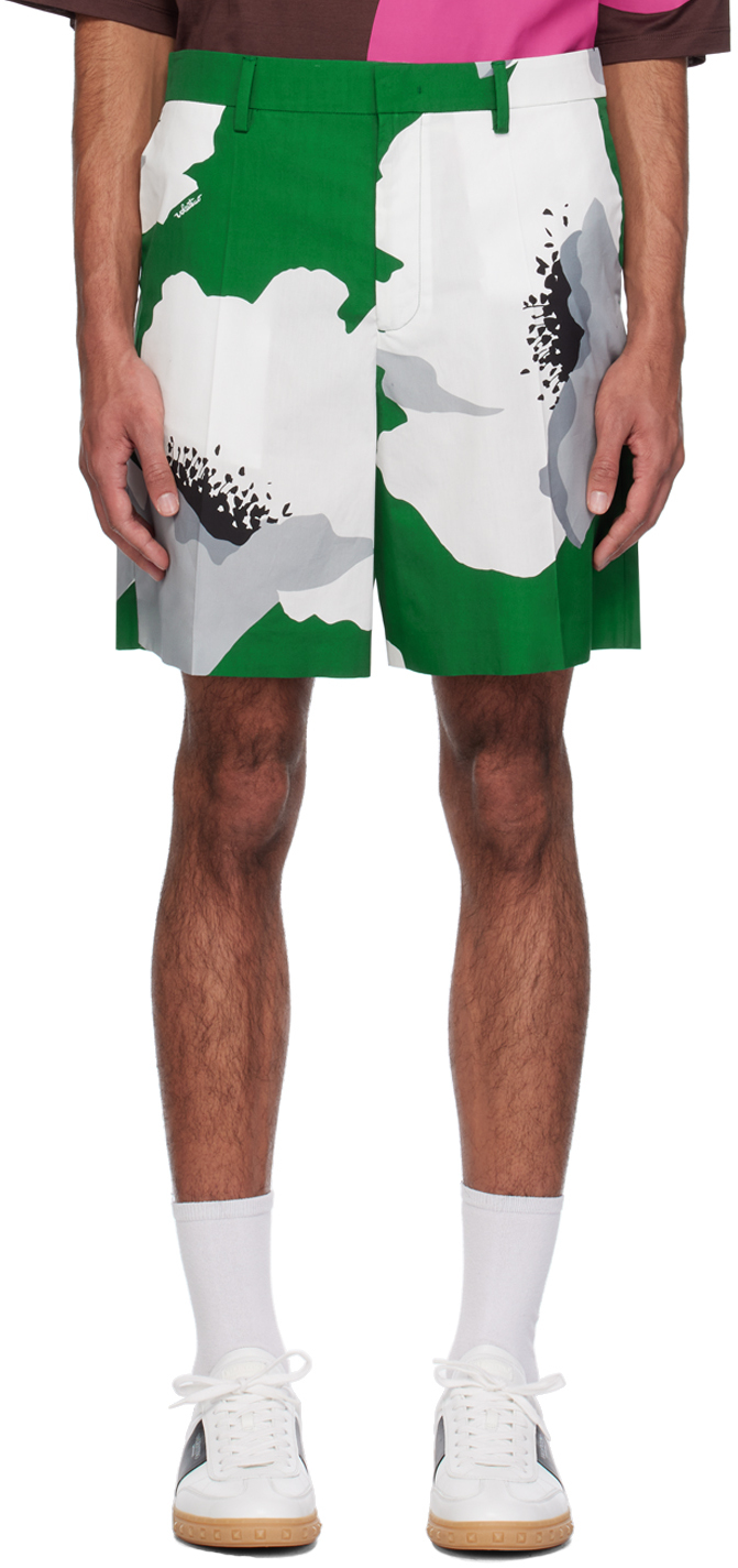 Shop Valentino Green & White Floral Shorts In Smeraldo/grigio
