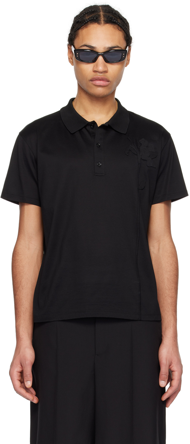 Valentino Flower-appliqué Cotton Polo Shirt In Black