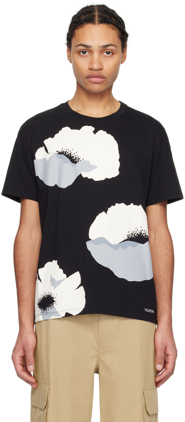 Shop Valentino Black Floral T-shirt In Nero/grigio