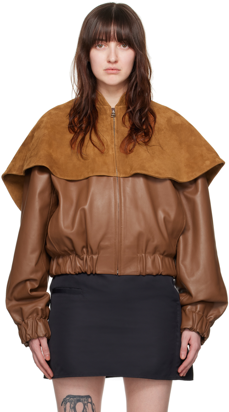 Brown Oversized Collar Leather Bomber Jacket