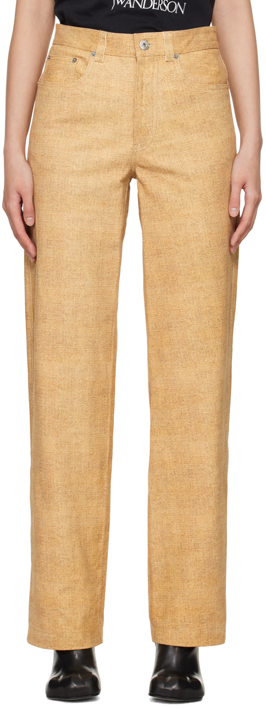 Beige Straight-Fit Leather Pants