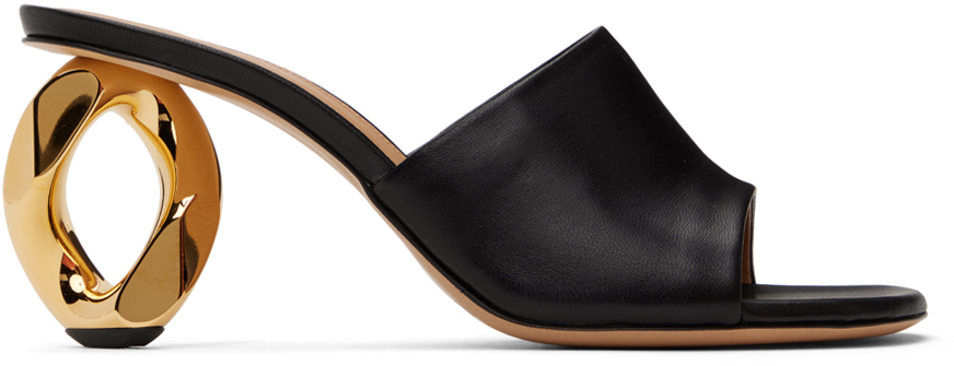 Jw Anderson J. W. Anderson Slip-on Black Leather Sandals With Gold-tone Chain Heel In 19260-001-black