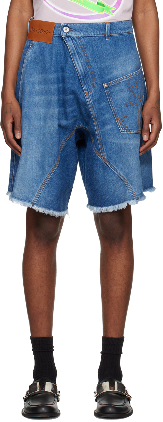 Shop Jw Anderson Indigo Twisted Denim Shorts In 831 Light Blue Denim
