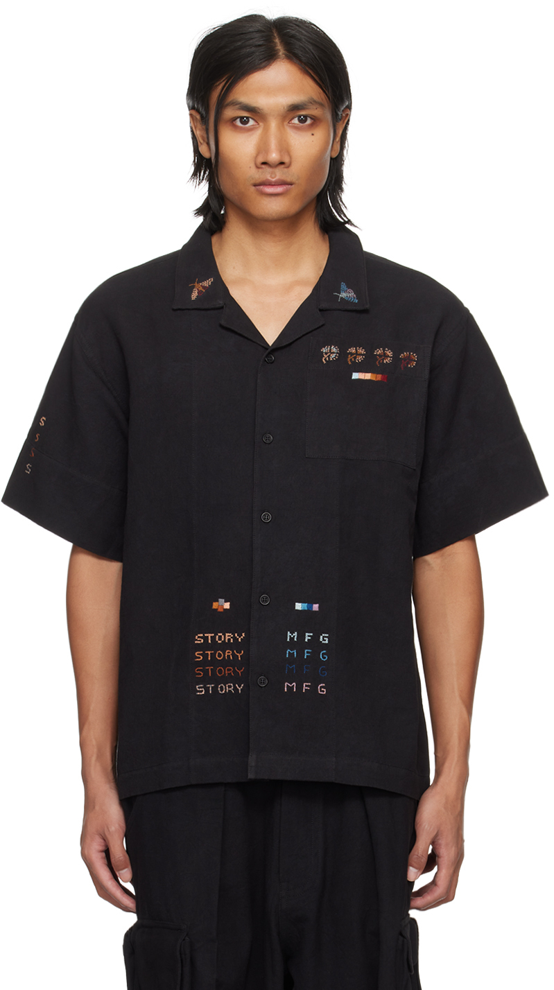 Story Mfg. Greetings Embroidered Woven-cotton Shirt In Black