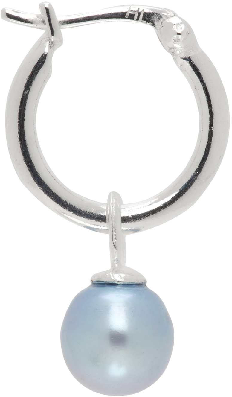 Shop Hatton Labs Ssense Exclusive Silver & Blue Pearl Hoop Single Earring In Silver / Blue
