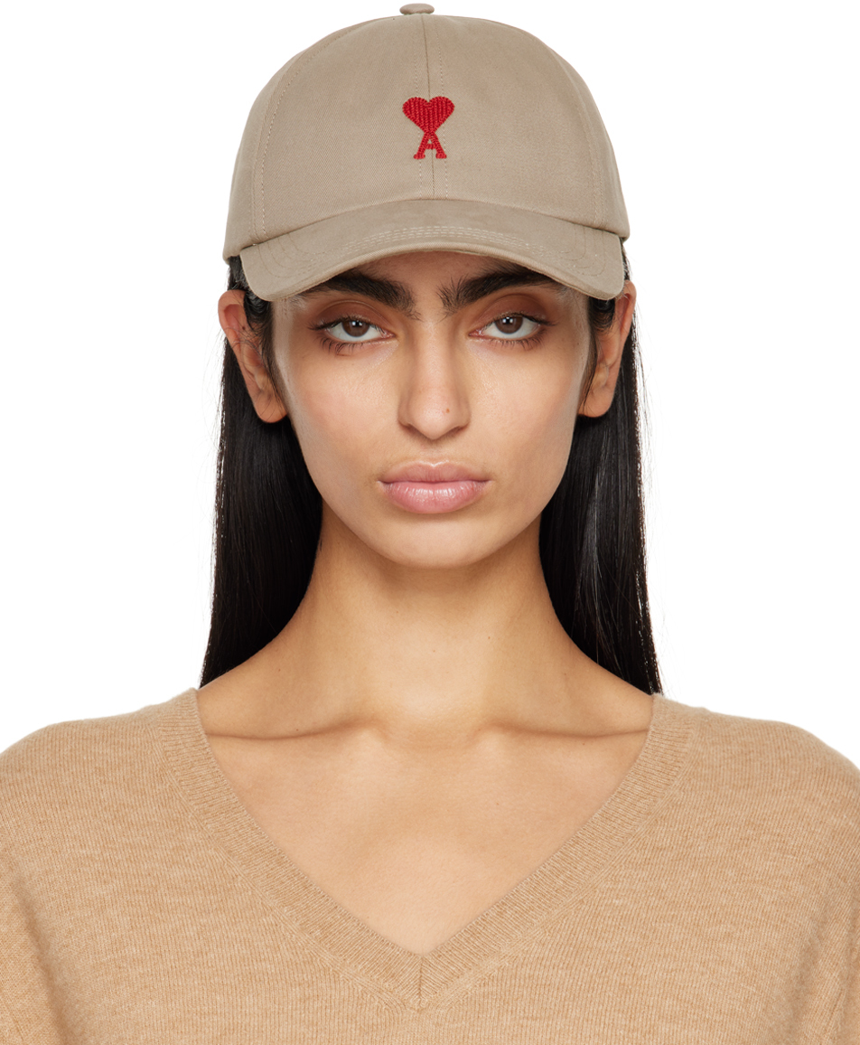 Taupe Red Ami de Caur Embroidery Cap