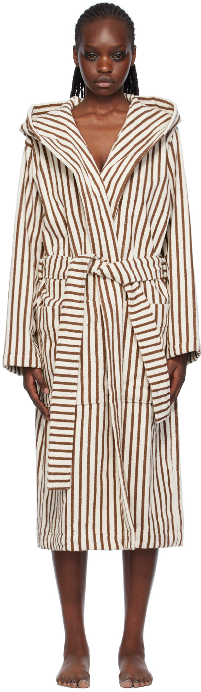 Tekla White & Brown Hooded Bathrobe In Kodiak Stripes