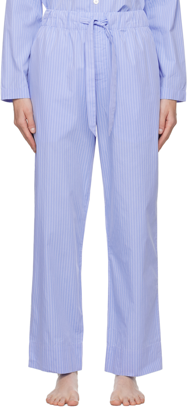 Tekla Blue Drawstring Pyjama Trousers In Pin Stripes