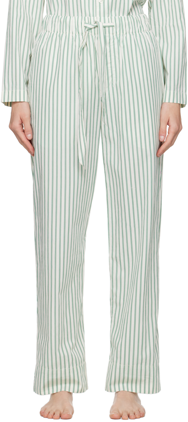 Tekla White & Green Drawstring Pyjama Pants In Clover Stripes