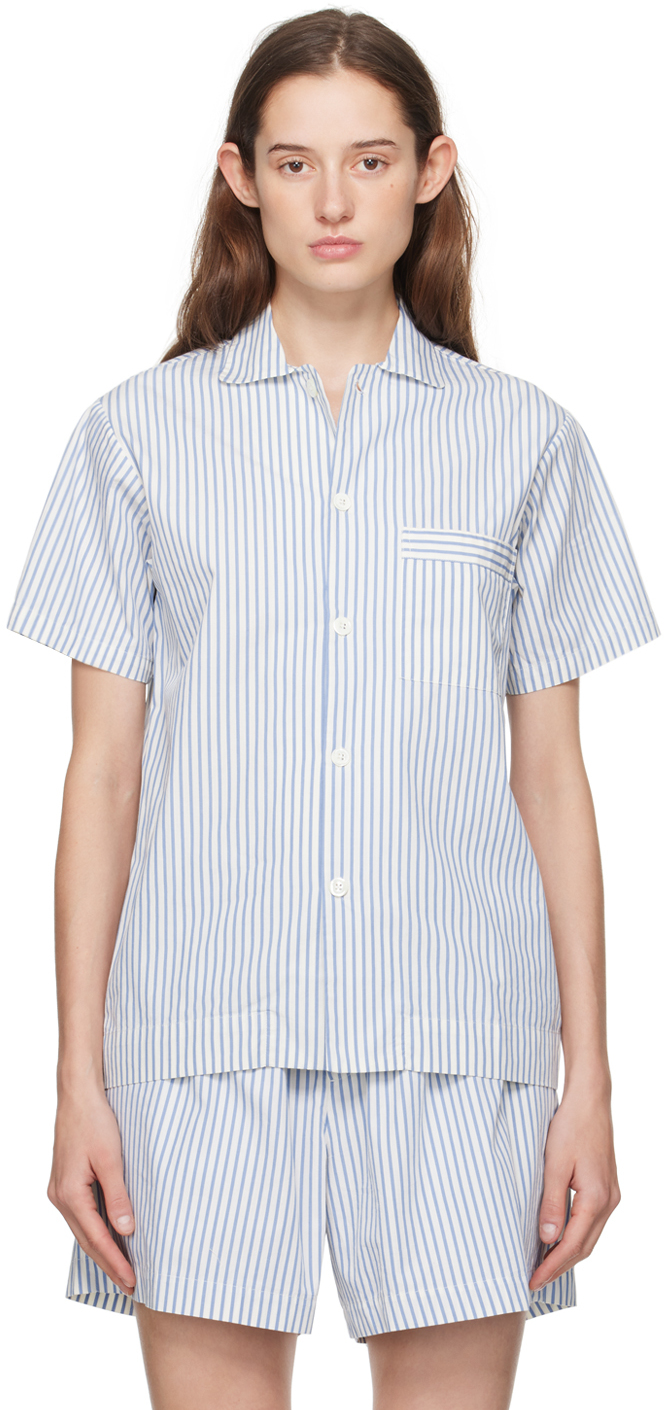Tekla White & Blue Short Sleeve Pyjama Shirt In Placid Blue Stripes