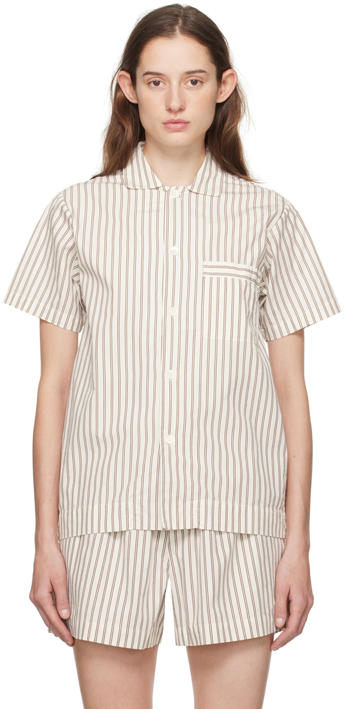 Tekla Off-white & Brown Short Sleeve Pyjama Shirt In Hopper Stripes