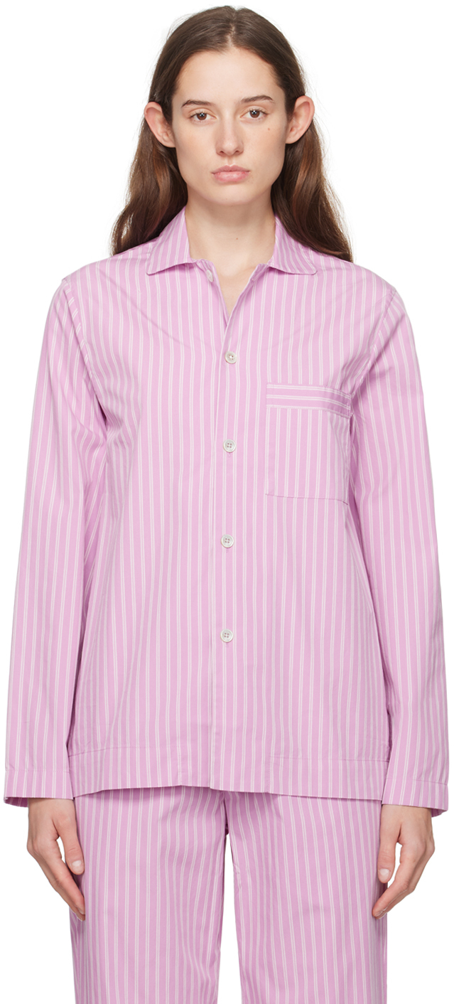 Shop Tekla Purple Long Sleeve Pyjama Shirt In Purple Pink Stripes