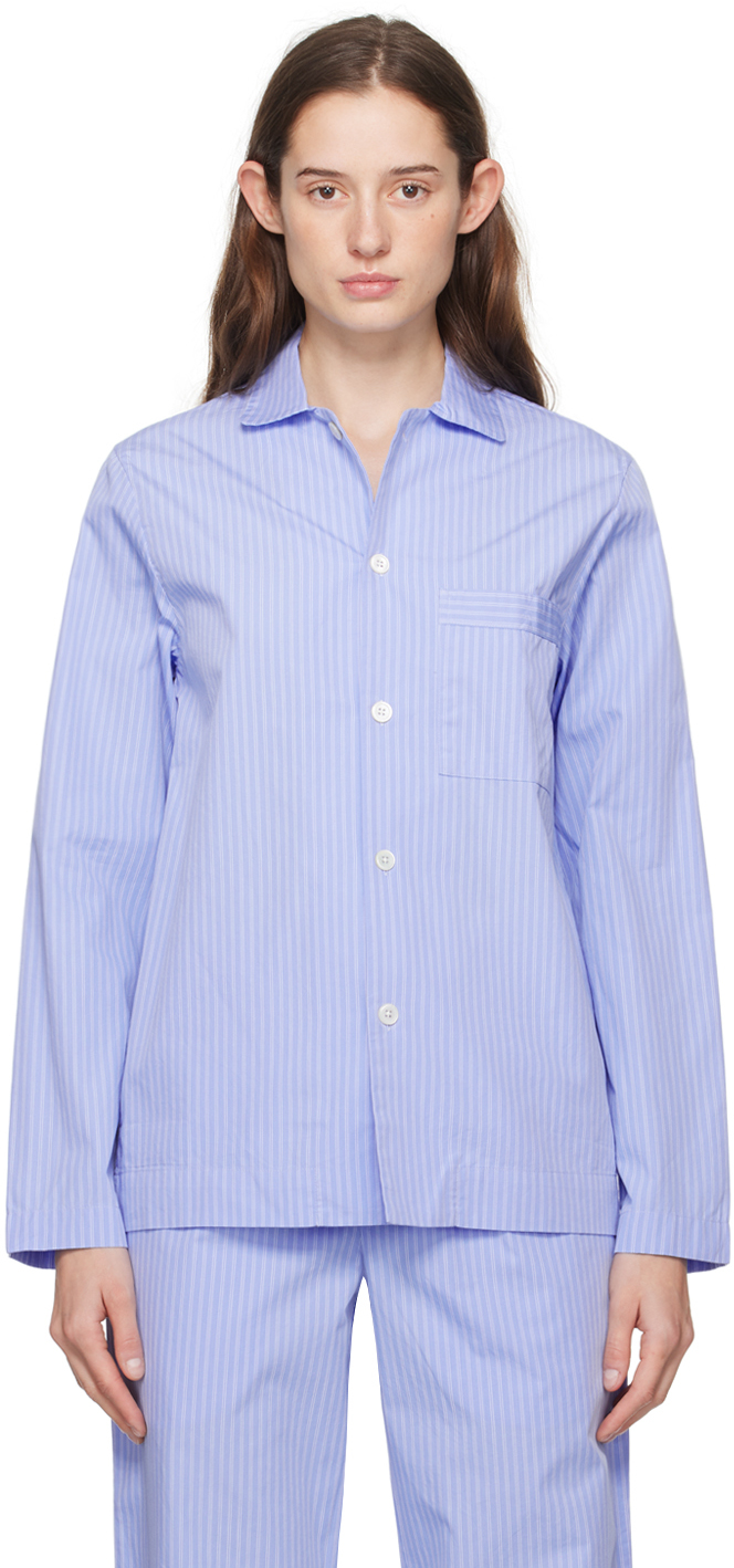 Tekla Blue Long Sleeve Pyjama Shirt In Pin Stripes